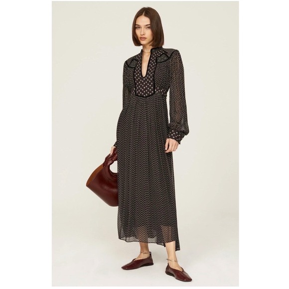 Sea New York Dresses & Skirts - Sea New York Quilted Bib Floral Midi Dress Black Velvet Trim Long Sleeve Small